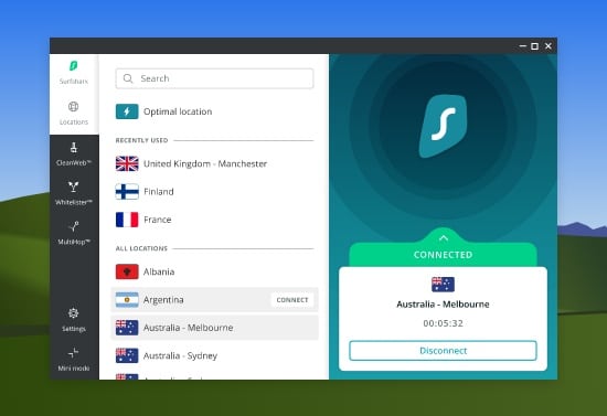 Surfshark VPN console screenshot