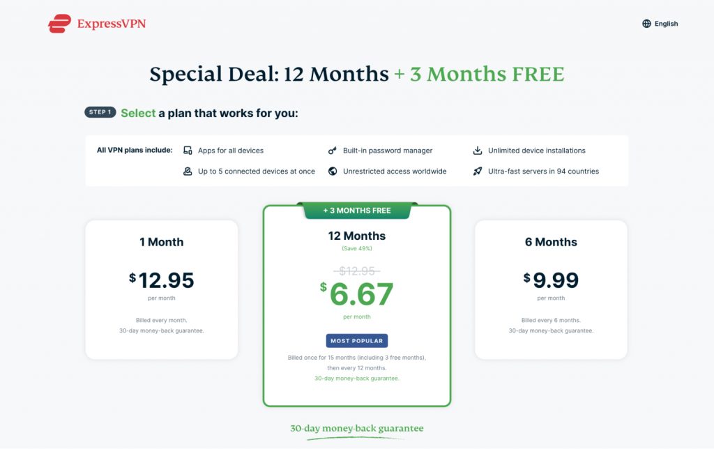 ExpressVPN pricing plans: Special deal 12 months + 3 months free