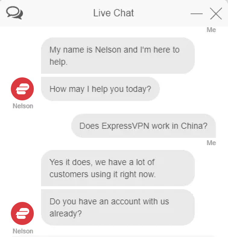 ExpressVPN live chat screenshot with reviewer asking, "Does ExpressVPN work in China?" And a Support rep named Nelson answering, "Yes, it does."