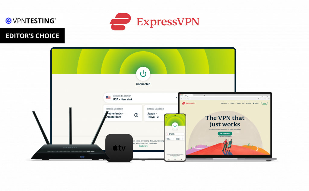ExpressVPN review - image shows a PC, laptop, router, and mobile phone with ExpressVPN installed
